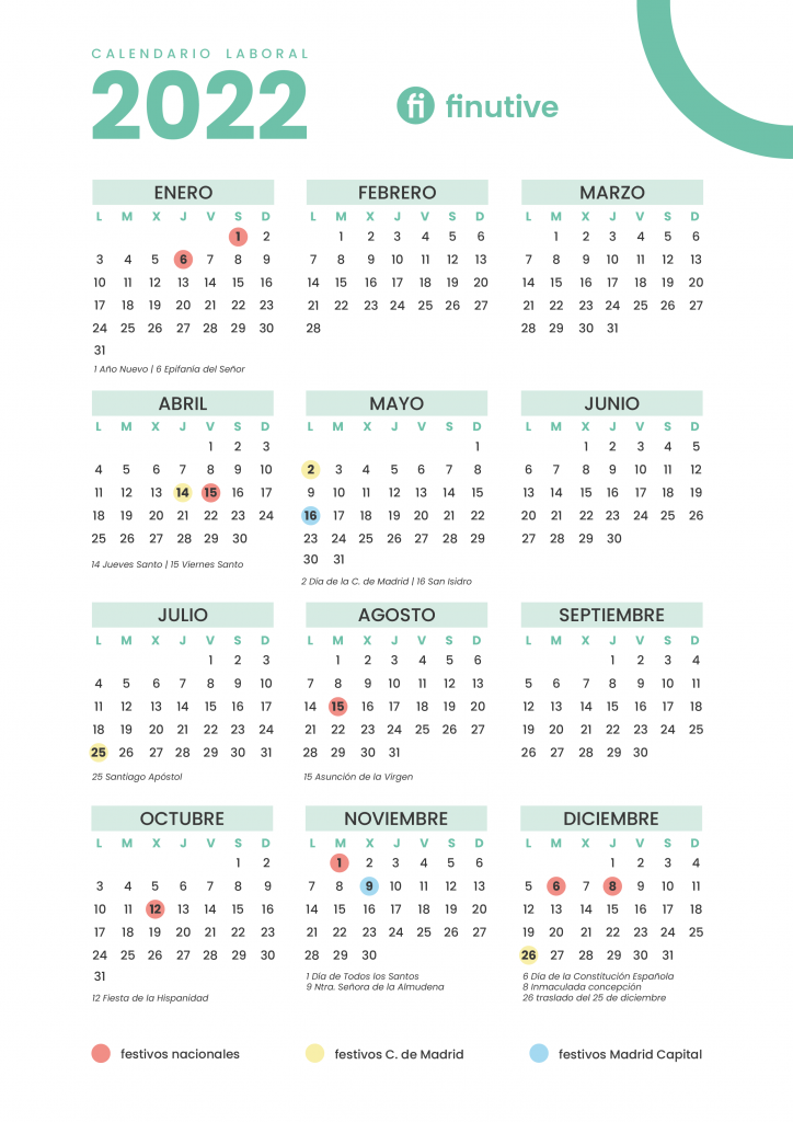 Calendario laboral 2022 Madrid. Finutive asesoría online.
